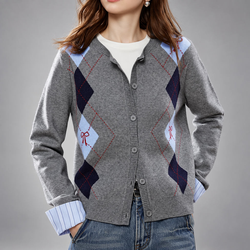 Harriet Argyle Button Front Knit Cardigan – Women’s Diamond Pattern Crew Neck Sweater