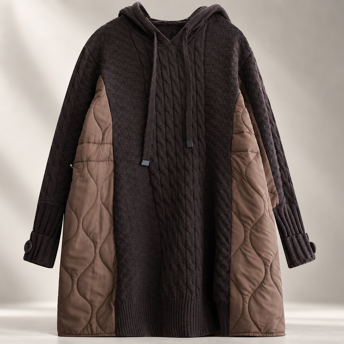 Bianca Women's Cable Knit Hooded Sweater Coat with Quilted Panels