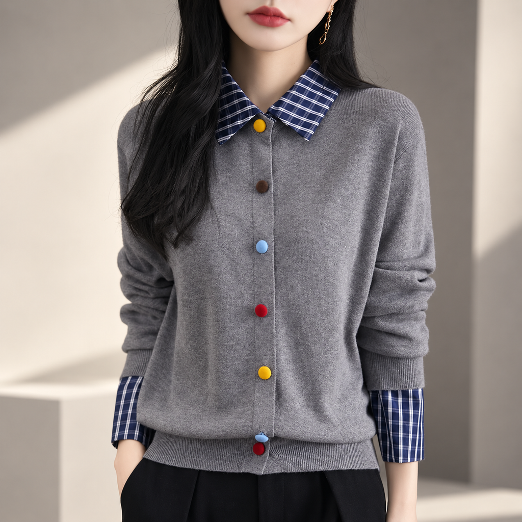 Lucienne Women's Plaid Collar Knit Cardigan with Multicolor Buttons