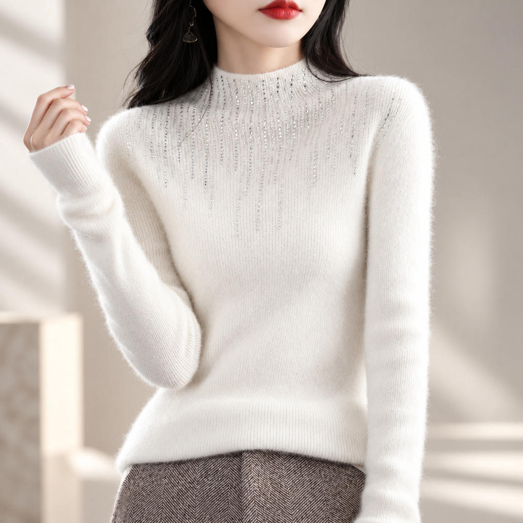Valentina Women’s Mock Neck Rhinestone Knit Sweater – Long Sleeve Fitted Pullover
