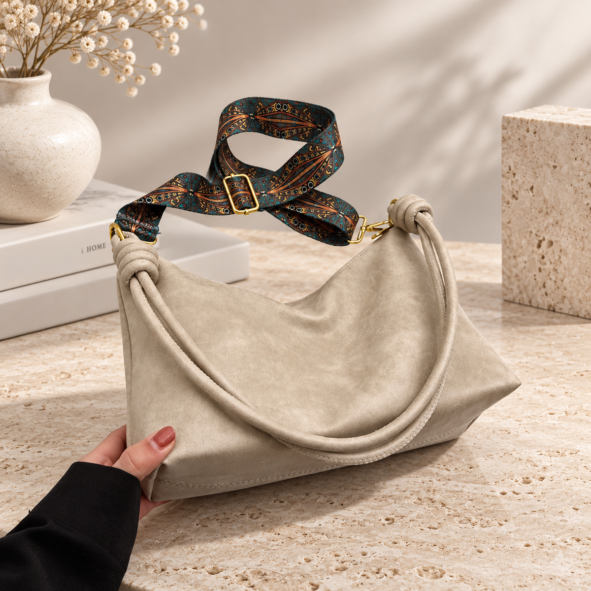Rosalie Soft Hobo Shoulder Bag with Knotted Handles and Printed Strap