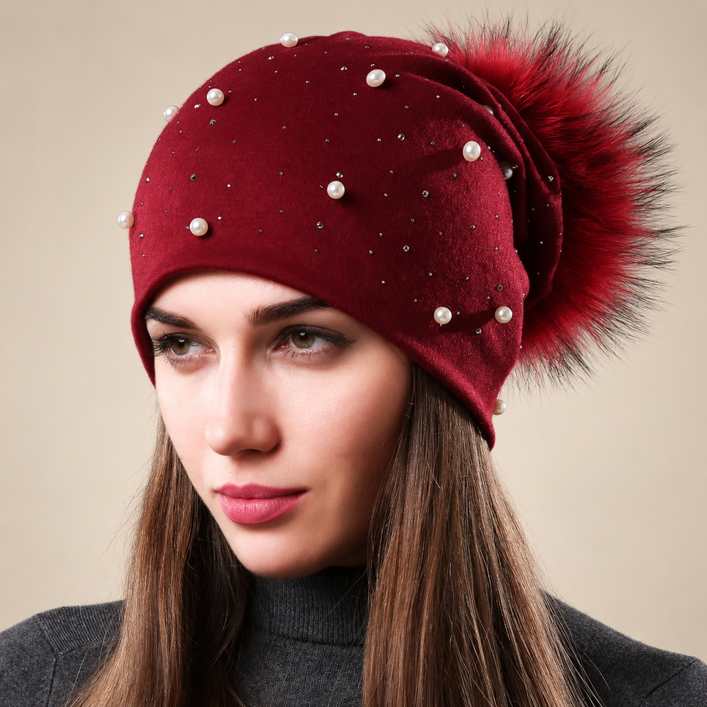 Vivienne Women’s Pearl Embellished Slouchy Pom-Pom Beanie