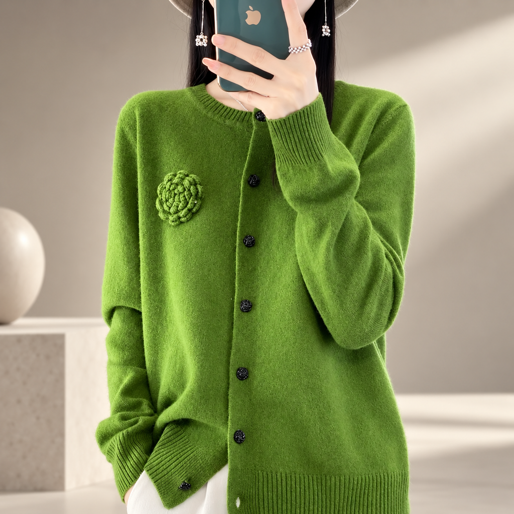 Elena Floral Appliqué Button Cardigan – Women’s Crew Neck Knit Sweater