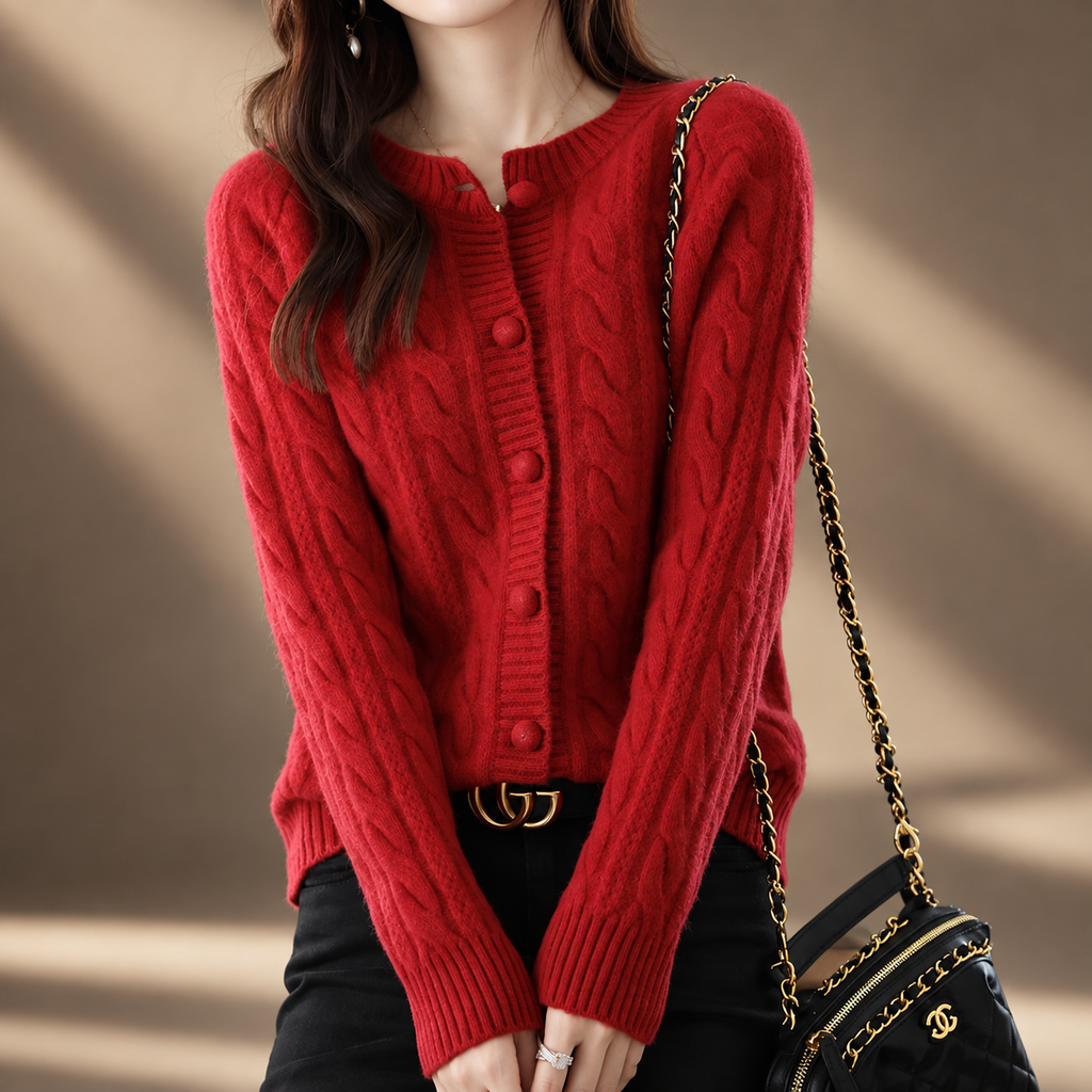 Marianne Cable Knit Button Cardigan – Women’s Crew Neck Long Sleeve Sweater