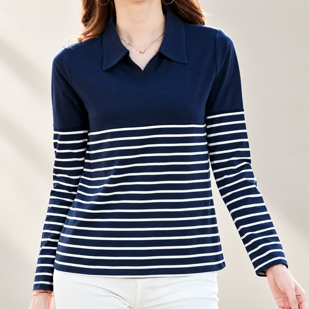 Audrey Striped Polo Long Sleeve Top – Collared Casual Shirt