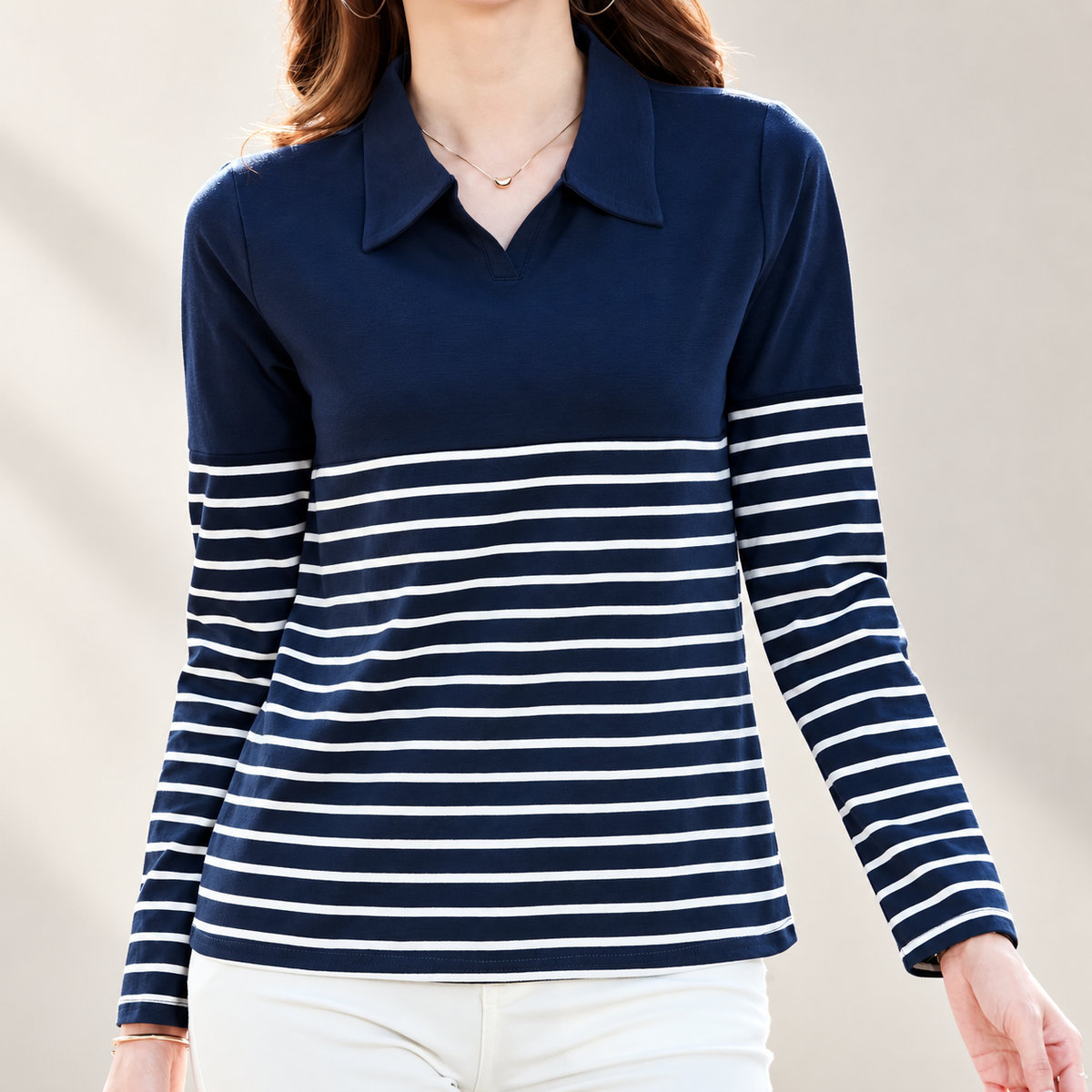 Audrey Striped Polo Long Sleeve Top – Collared Casual Shirt
