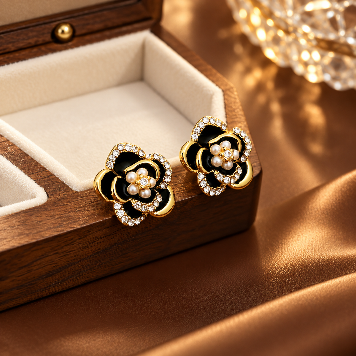 Celeste Women’s Floral Stud Earrings – Gold-Tone Black Enamel Crystal Flower Earrings