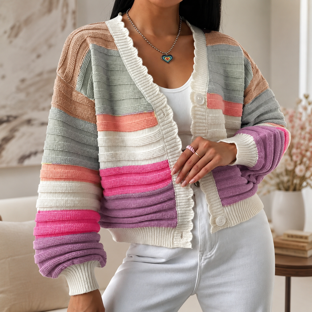 Colette Women’s Striped Cropped Knit Cardigan – Button-Front Sweater