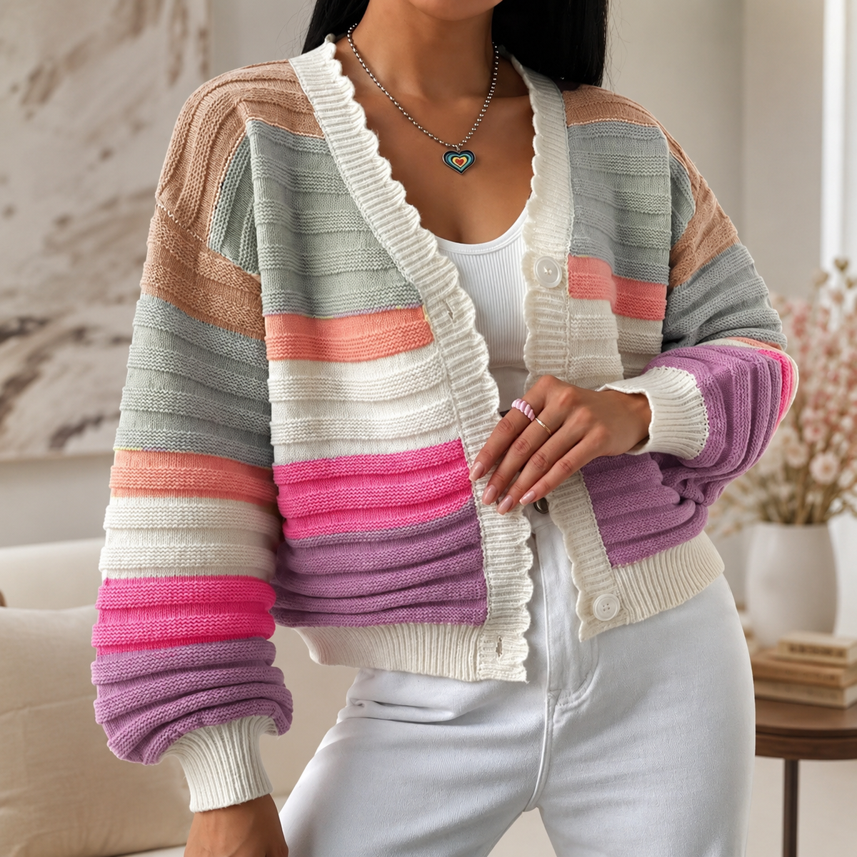 Colette Women’s Striped Cropped Knit Cardigan – Button-Front Sweater