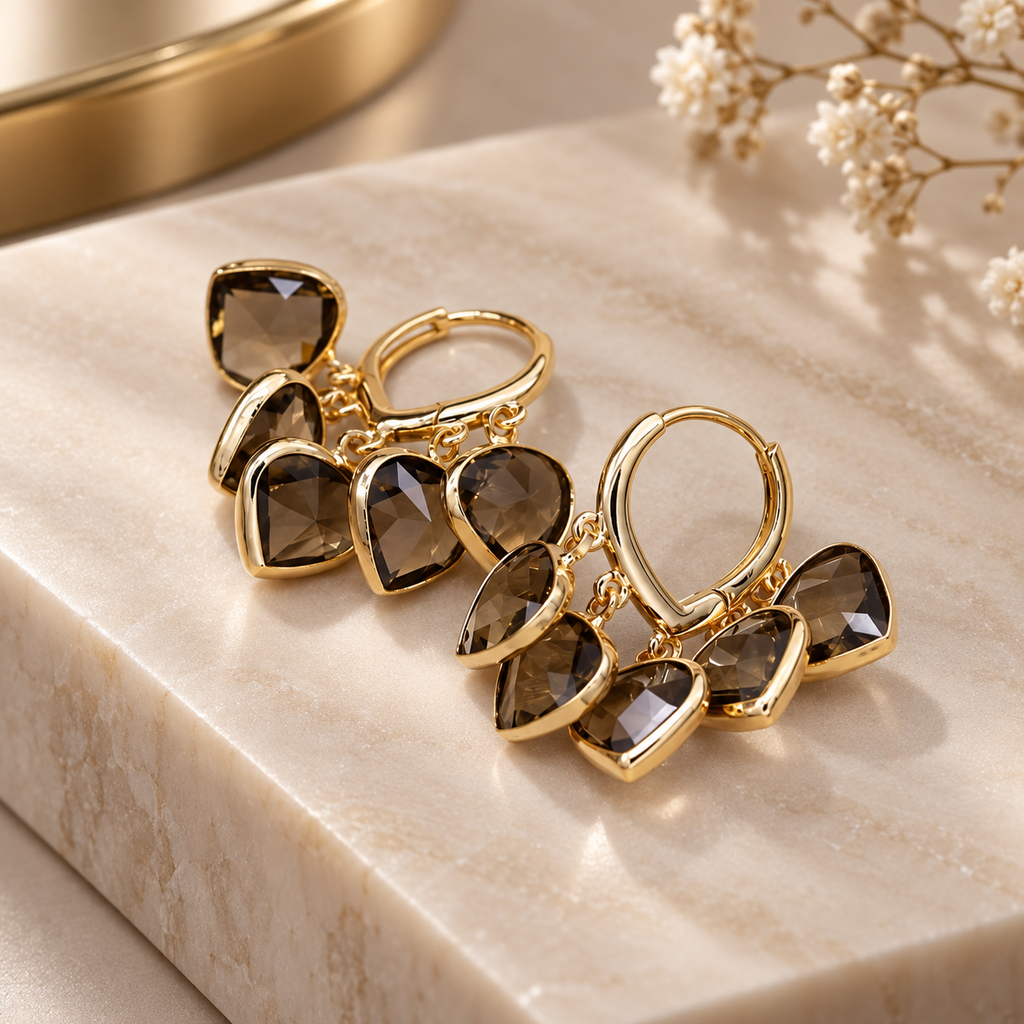 Fiona Faceted Crystal Charm Hoop Earrings – Gold Tone Cluster Drop Earrings
