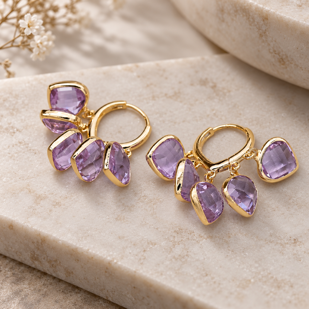 Fiona Faceted Crystal Charm Hoop Earrings – Gold Tone Cluster Drop Earrings