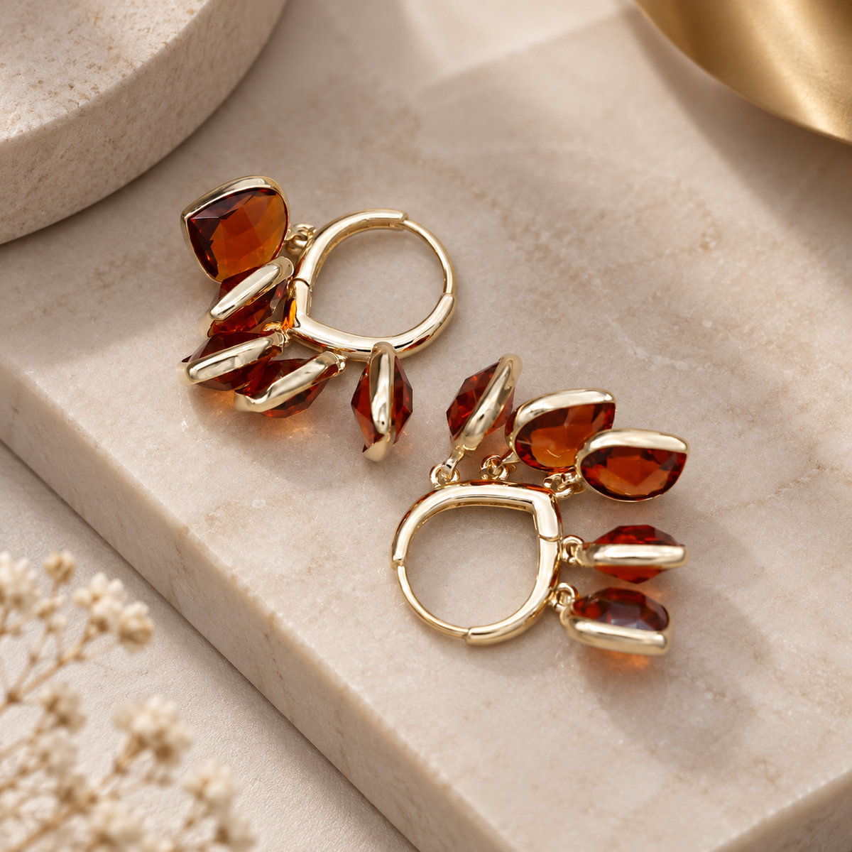 Fiona Faceted Crystal Charm Hoop Earrings – Gold Tone Cluster Drop Earrings