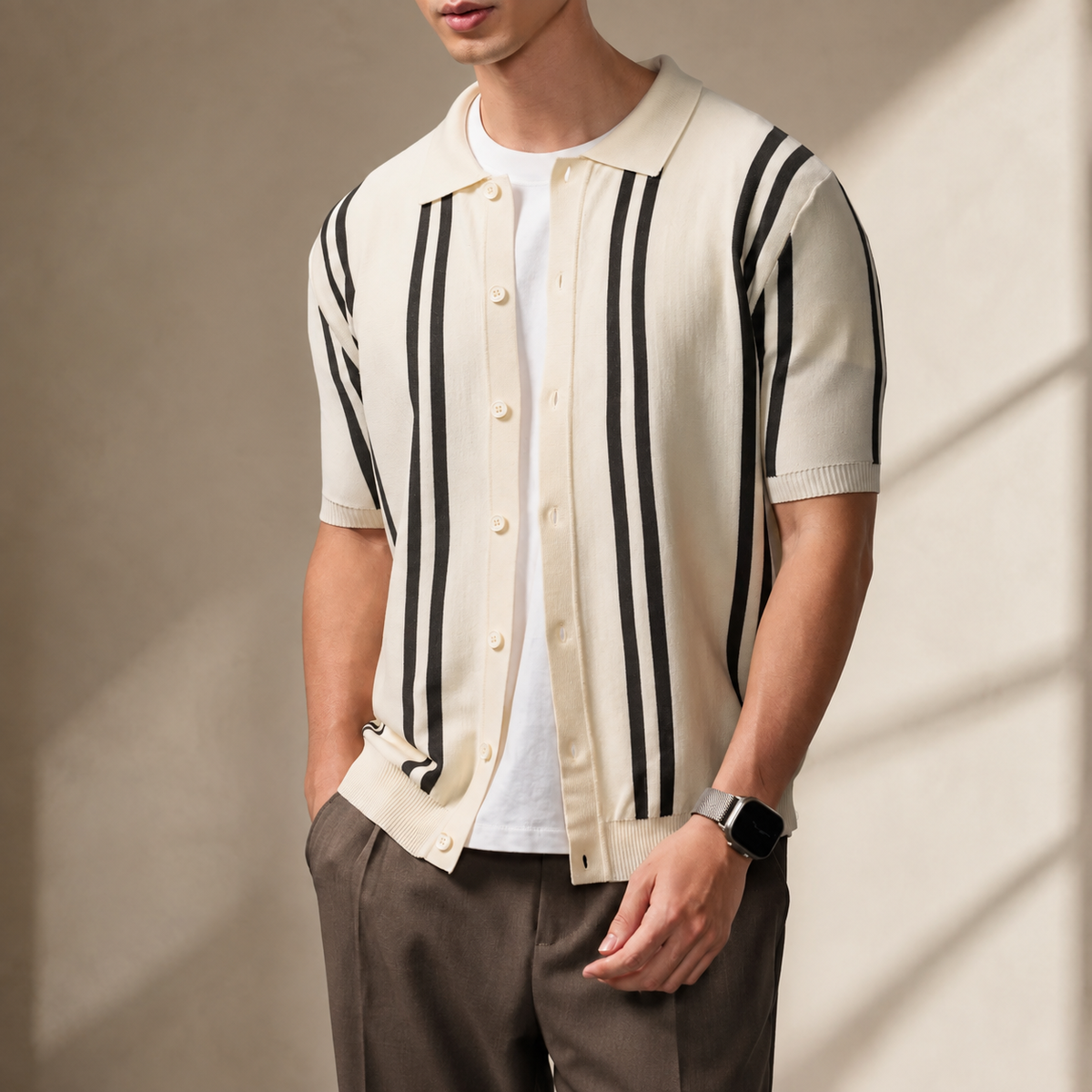 Étienne Men’s Striped Knit Polo Cardigan – Short Sleeve Button-Front Shirt