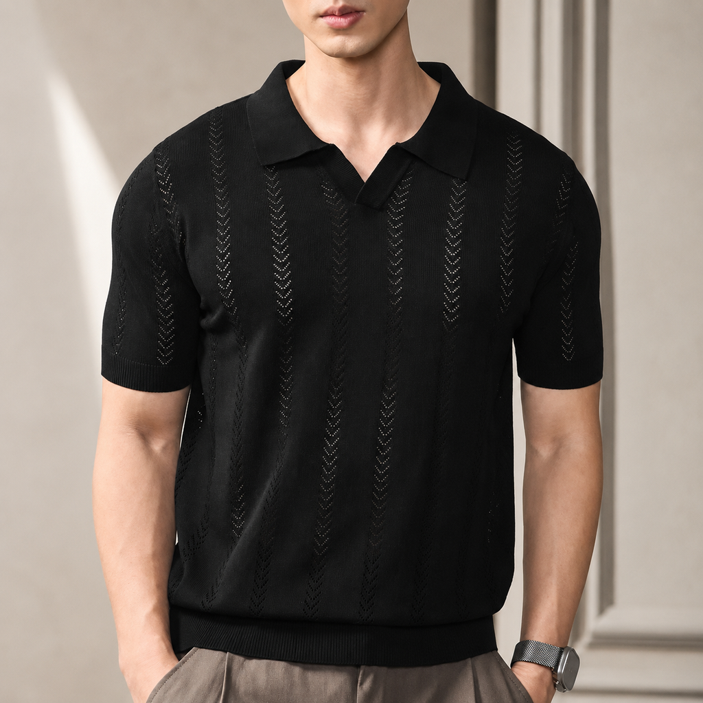 Lucien Men’s Open-Collar Knit Polo Shirt – Short Sleeve Textured Pullover