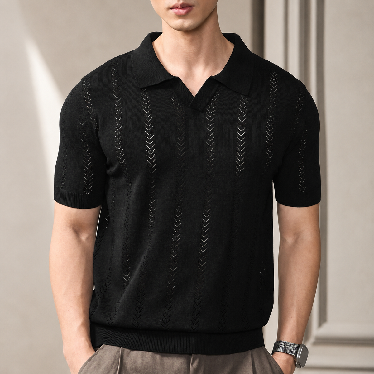 Lucien Men’s Open-Collar Knit Polo Shirt – Short Sleeve Textured Pullover