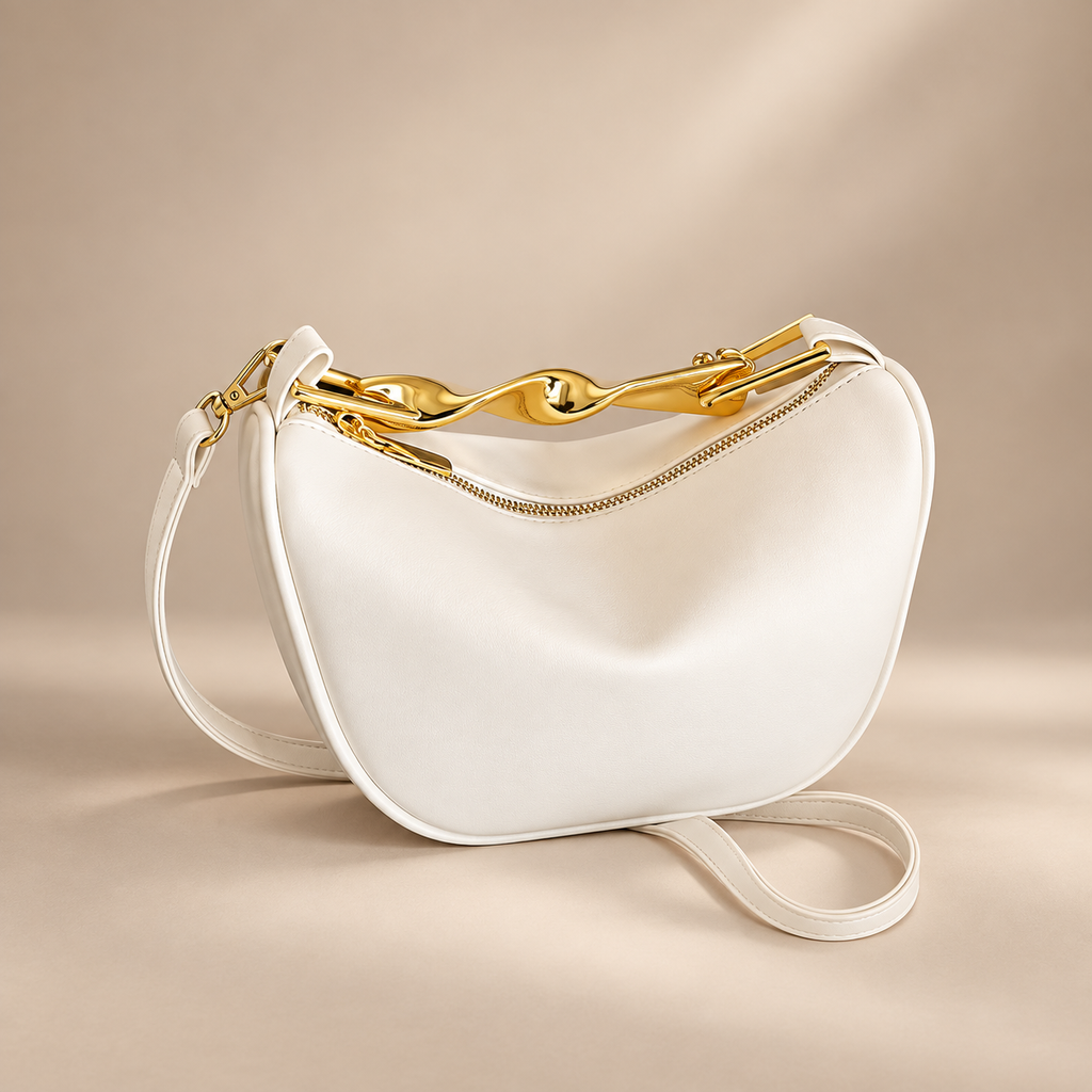 Genevieve Crescent Shoulder Bag – Sculpted Gold-Tone Handle Crossbody Handbag