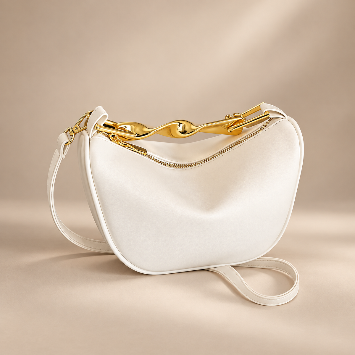 Genevieve Crescent Shoulder Bag – Sculpted Gold-Tone Handle Crossbody Handbag