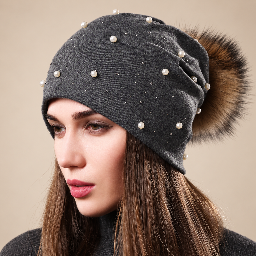 Serafina Women’s Pearl Embellished Slouchy Pom-Pom Beanie