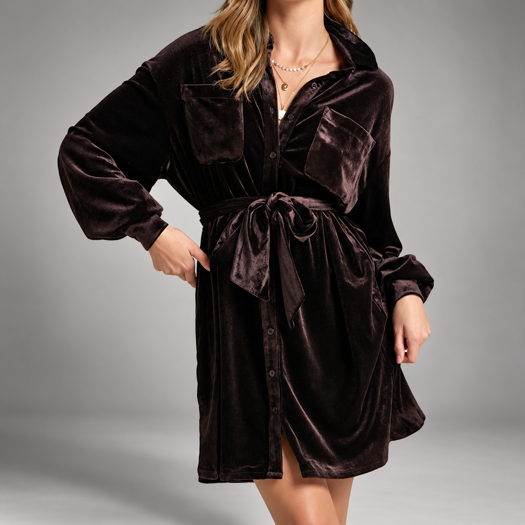 Colette Women’s Velvet Shirt Dress – Long Sleeve Belted Button-Front Mini Dress