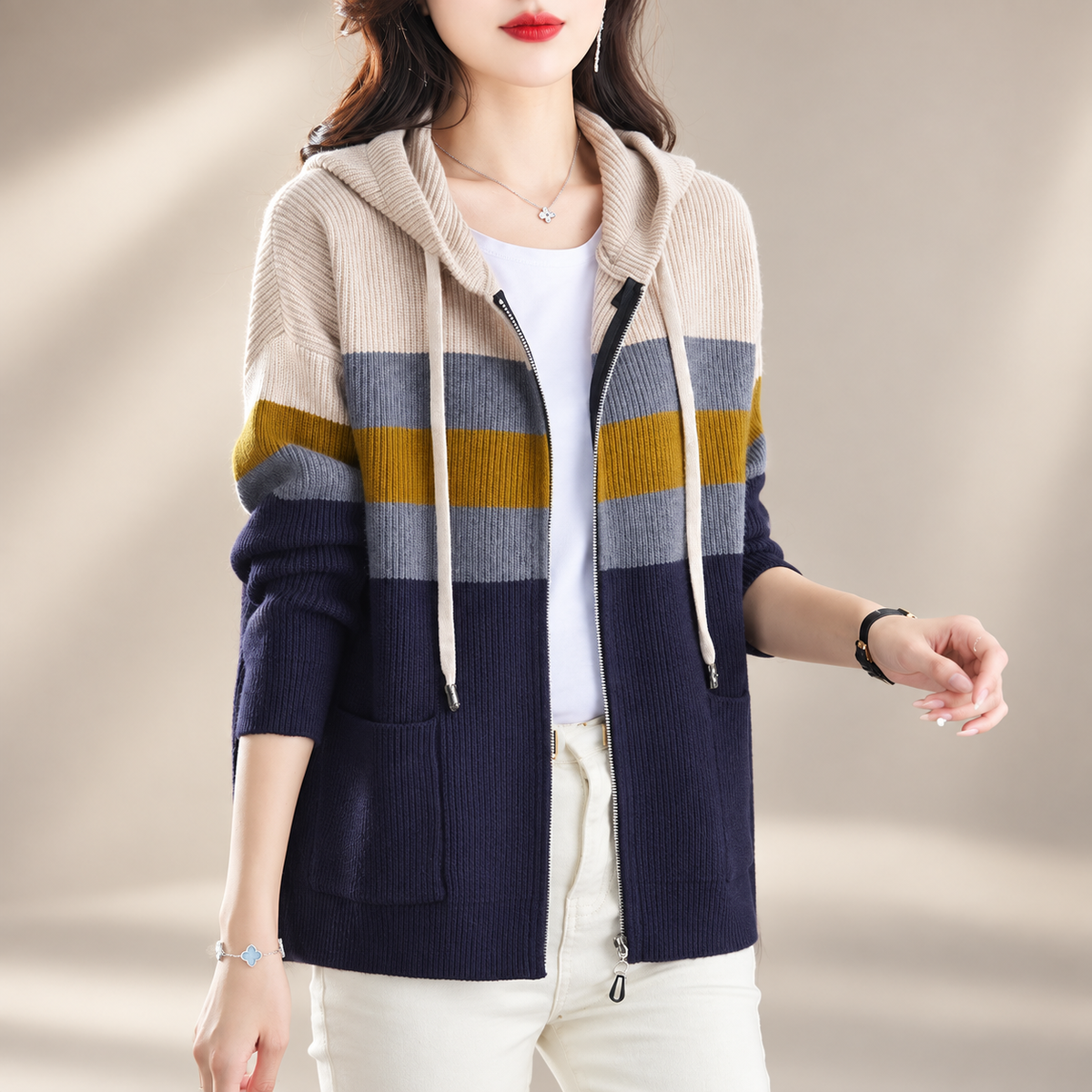 Adriana Women's Colorblock Zip-Front Hooded Knit Cardigan with Pockets