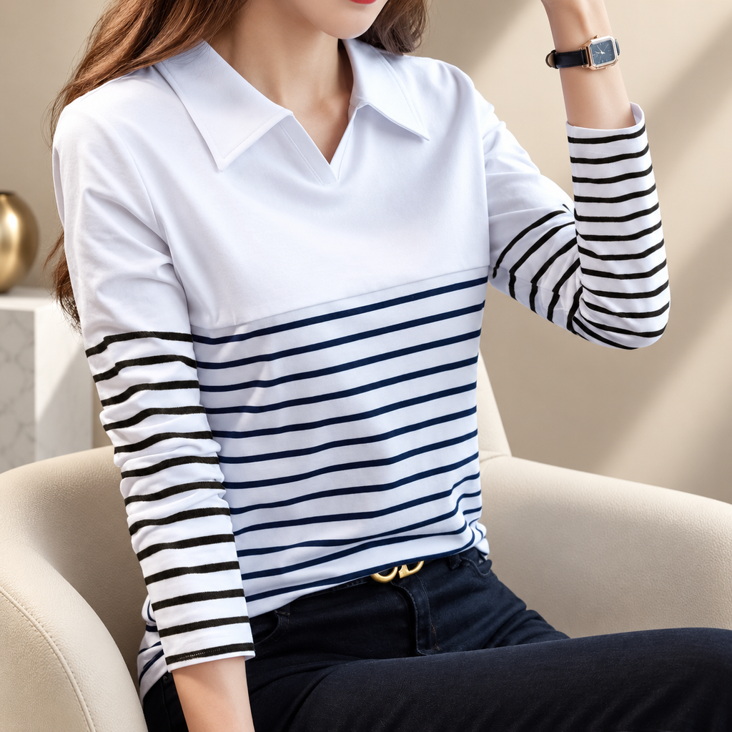 Audrey Striped Polo Long Sleeve Top – Collared Casual Shirt