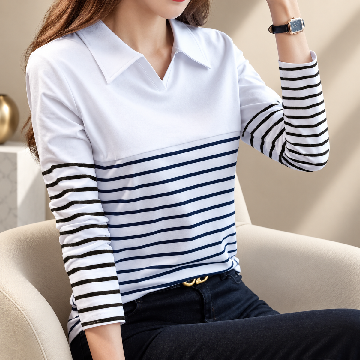 Audrey Striped Polo Long Sleeve Top – Collared Casual Shirt
