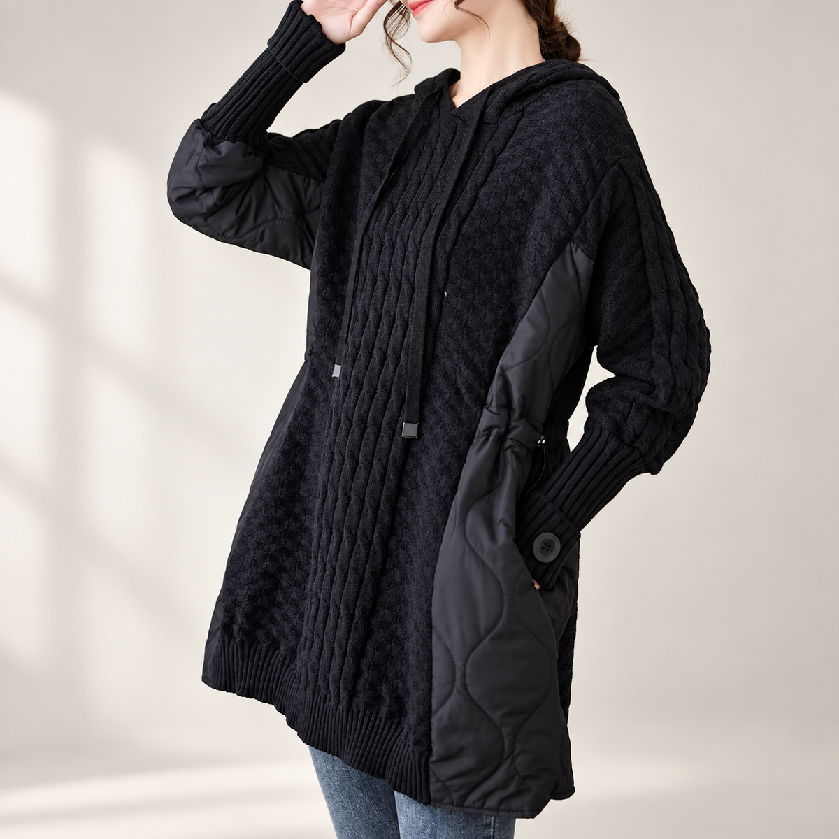 Bianca Women's Cable Knit Hooded Sweater Coat with Quilted Panels