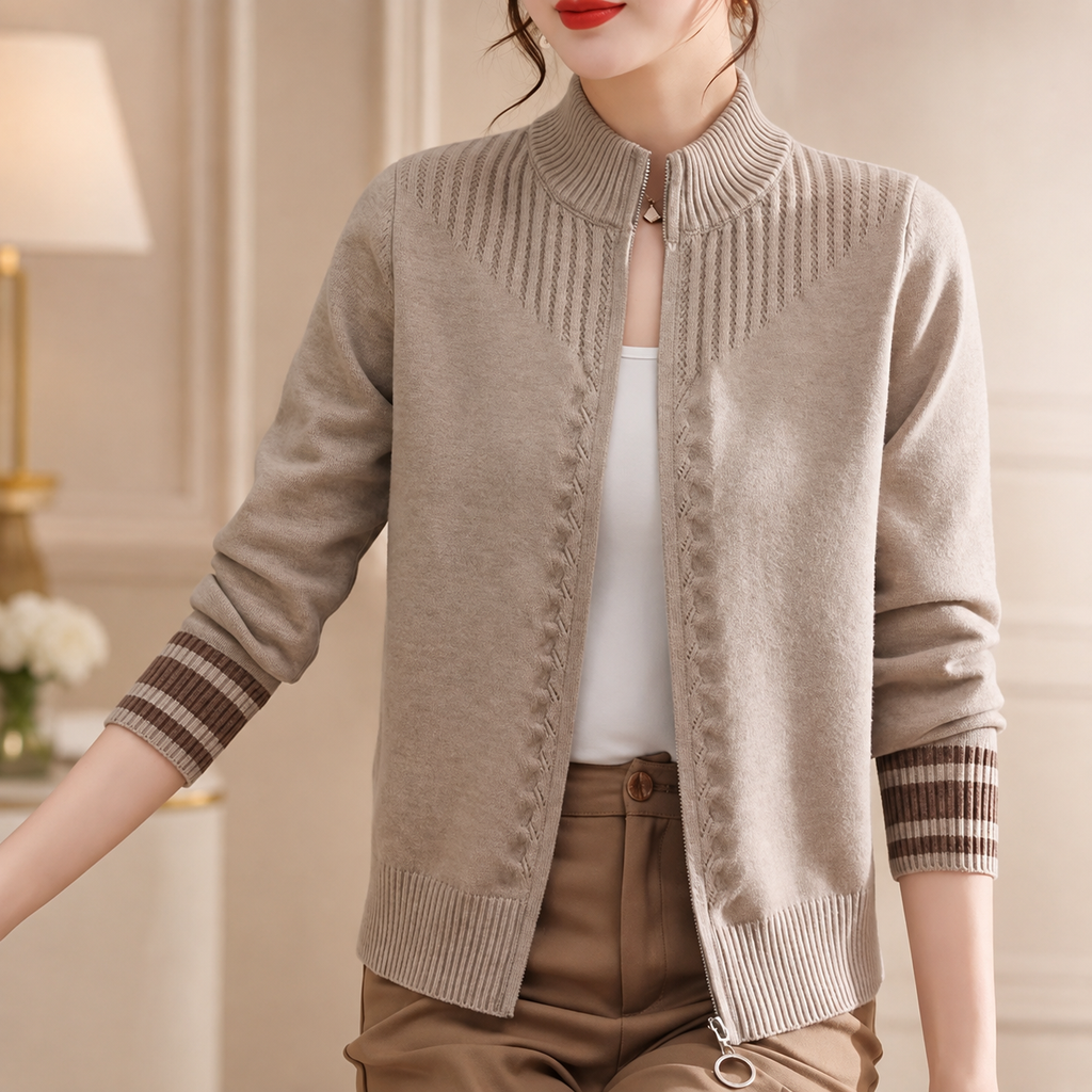 Rosalie Women’s Zip-Up Knit Cardigan with Ribbed Collar