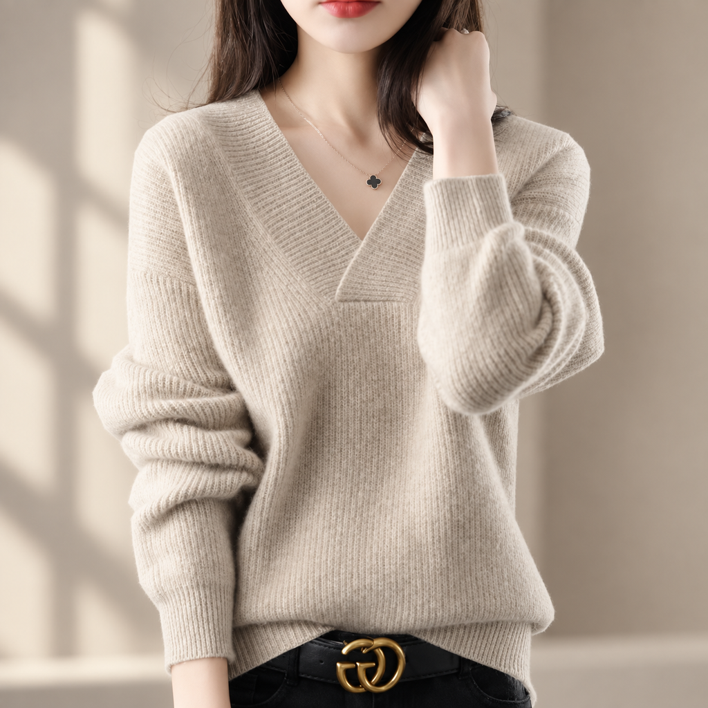 Elodie Women’s V-Neck Knit Sweater – Relaxed Fit Long Sleeve Pullover