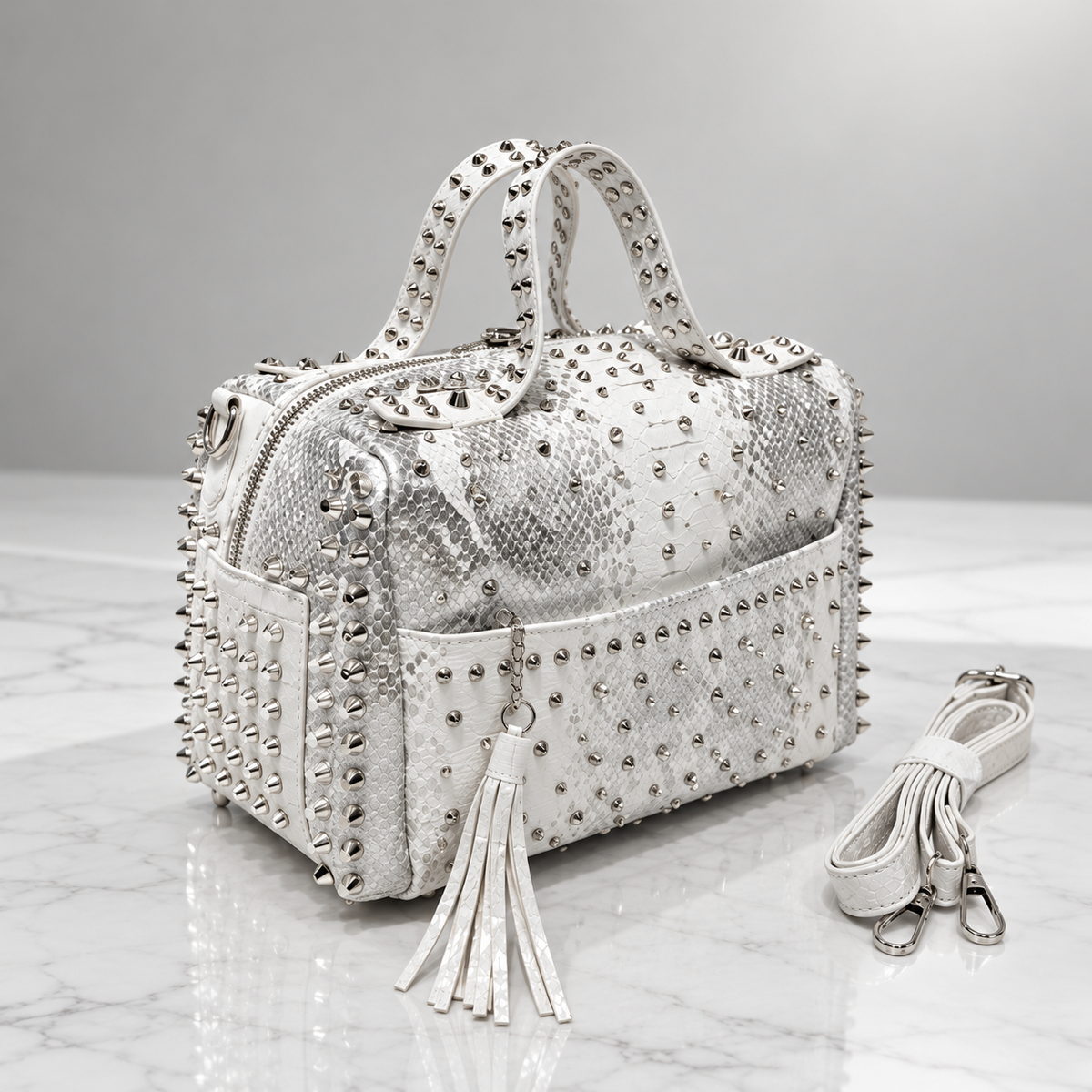 Camille Studded Reptile-Texture Satchel Handbag with Detachable Strap