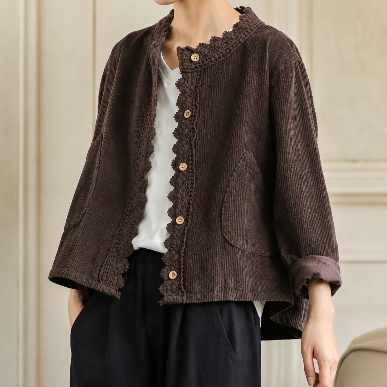 Camille Corduroy Lace-Trim Jacket