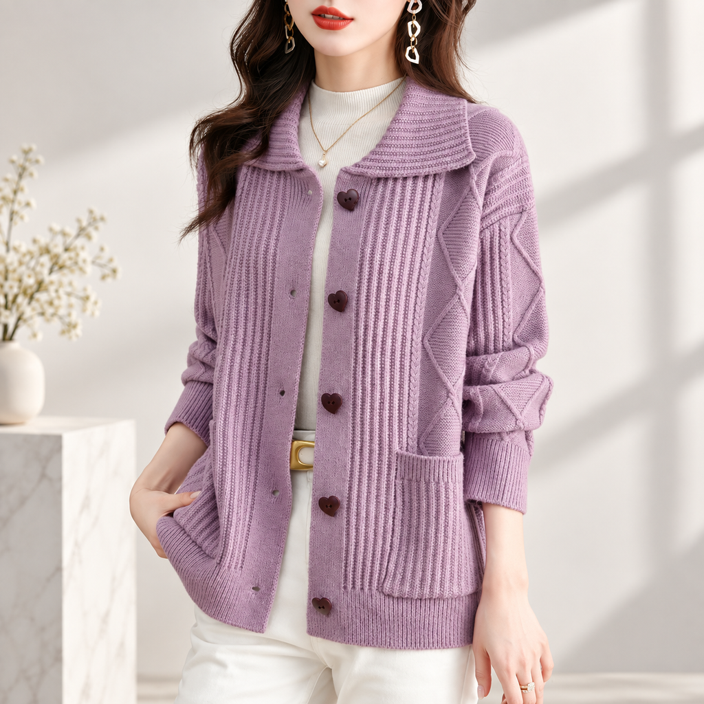 Beatrice Women’s Collared Knit Cardigan – Button Front Long Sleeve Sweater with Pockets