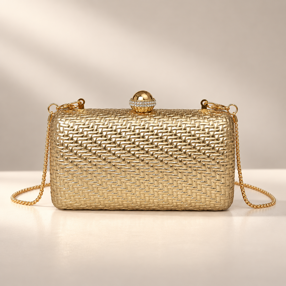 Rosalie Metallic Woven Evening Clutch with Crystal Ball Clasp & Chain Strap