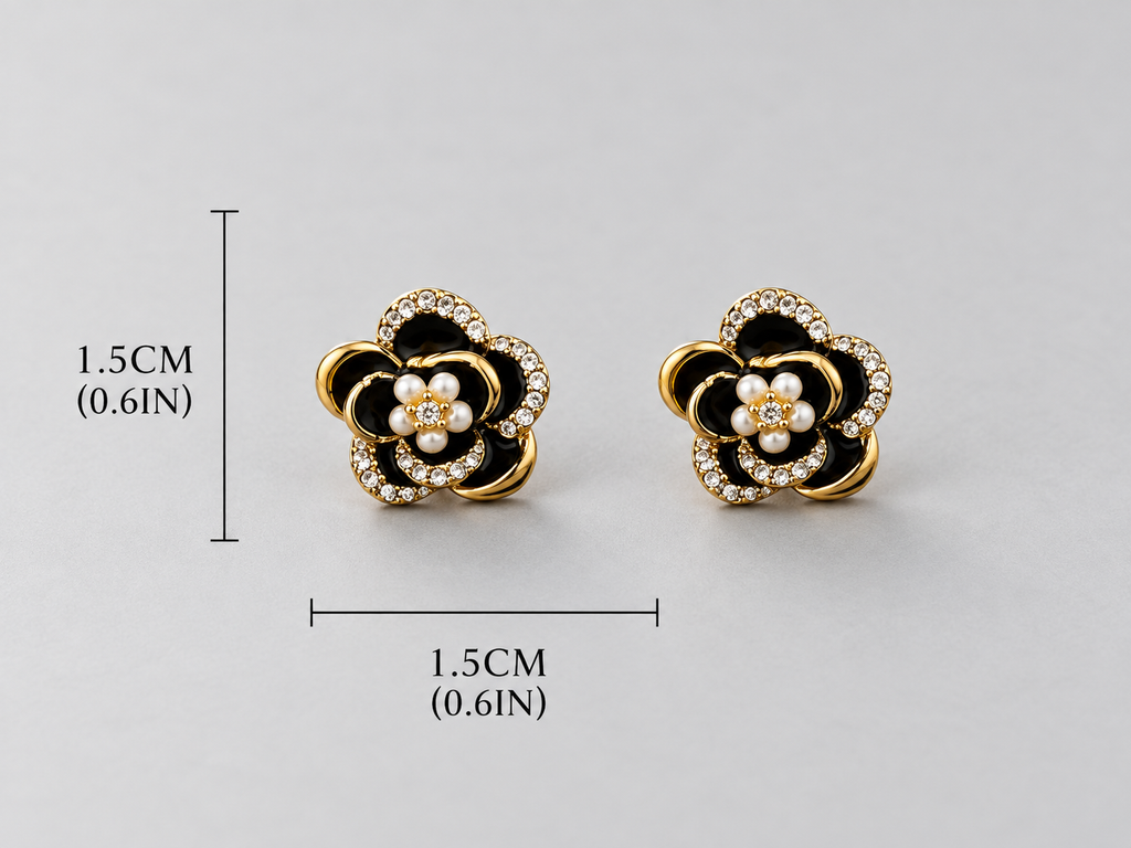 Celeste Women’s Floral Stud Earrings – Gold-Tone Black Enamel Crystal Flower Earrings
