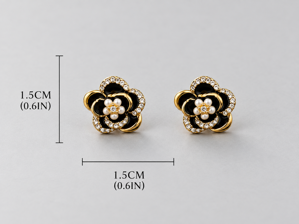 Celeste Women’s Floral Stud Earrings – Gold-Tone Black Enamel Crystal Flower Earrings