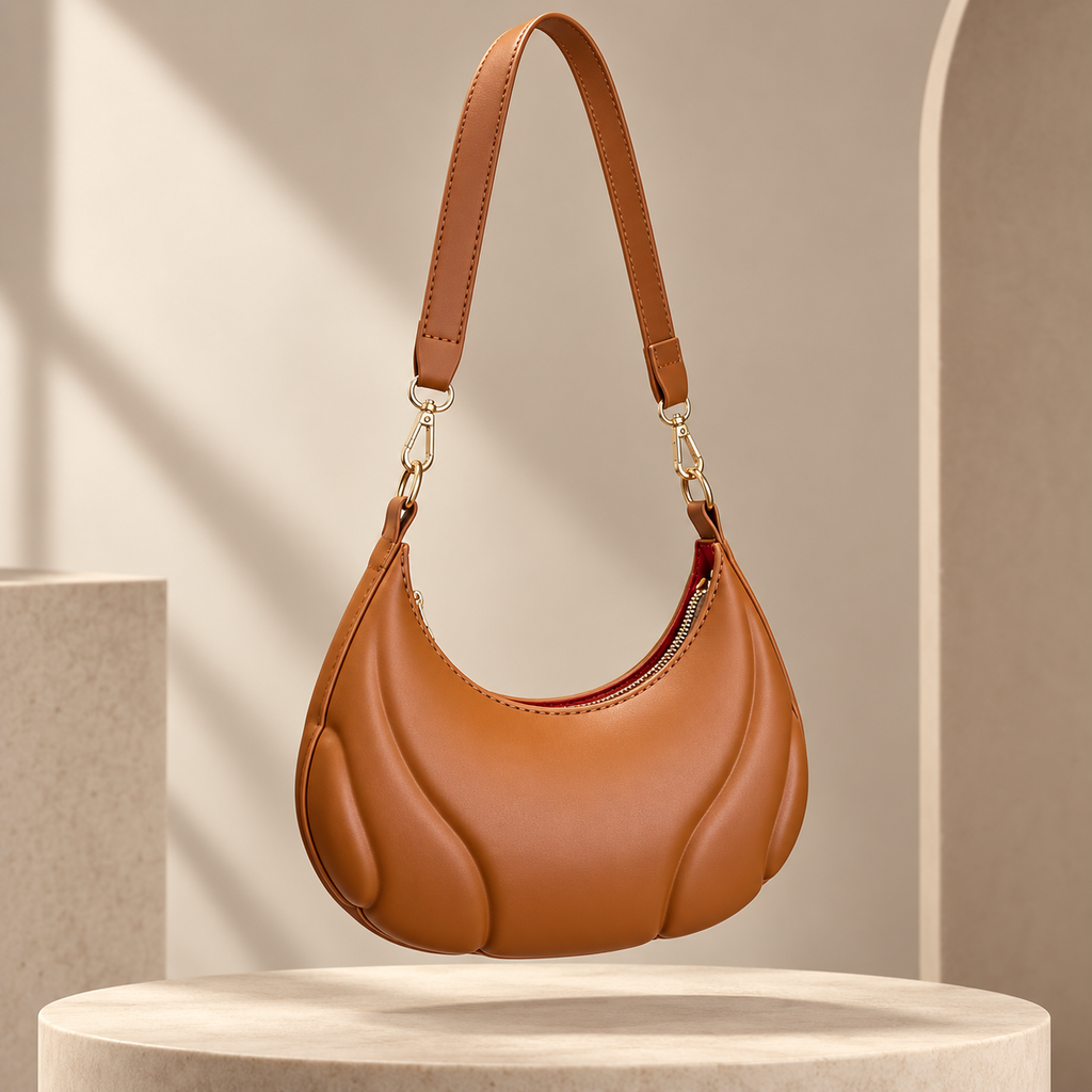Margot Crescent Shoulder Bag with Sculpted Panel Design and Zip Closure