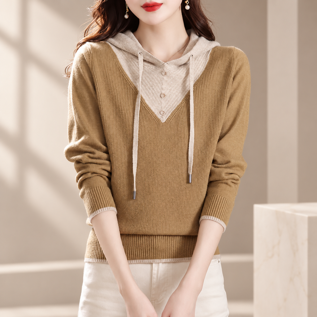 Genevieve Colorblock Hooded Knit Sweater with Button Detail