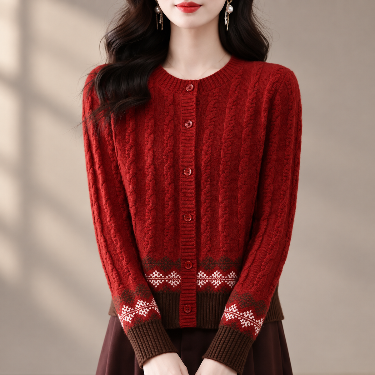 Rosalie Cable Knit Fair Isle Button Cardigan