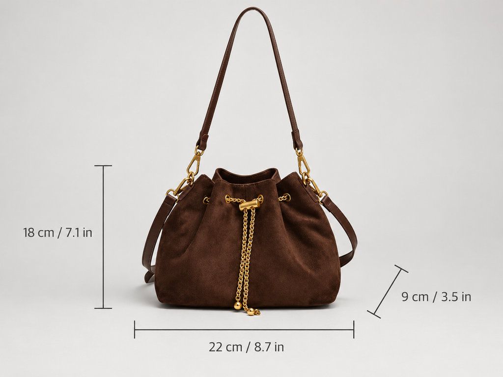 Sofia Women’s Suede-Look Drawstring Bucket Bag – Chain Detail Shoulder & Crossbody Handbag