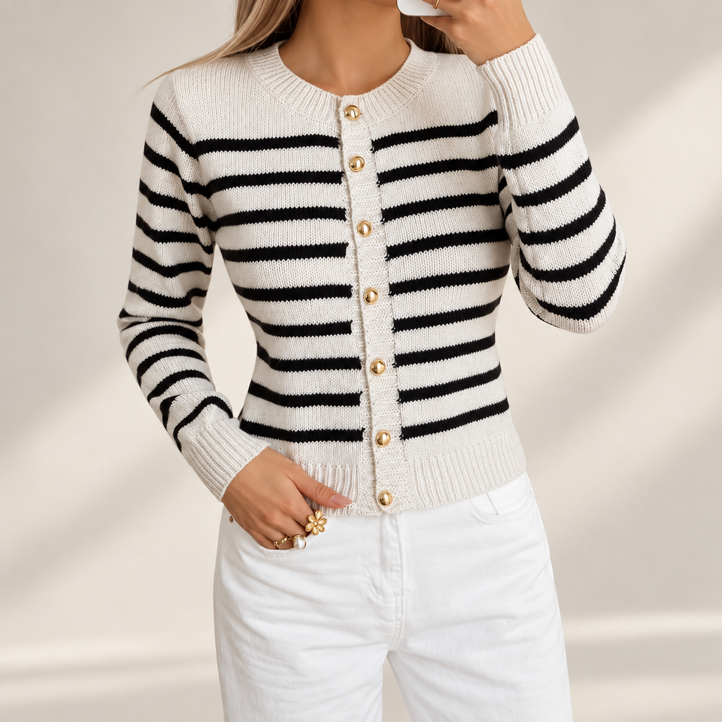Gianna Striped Button Front Knit Cardigan – Gold Button Crew Neck Sweater