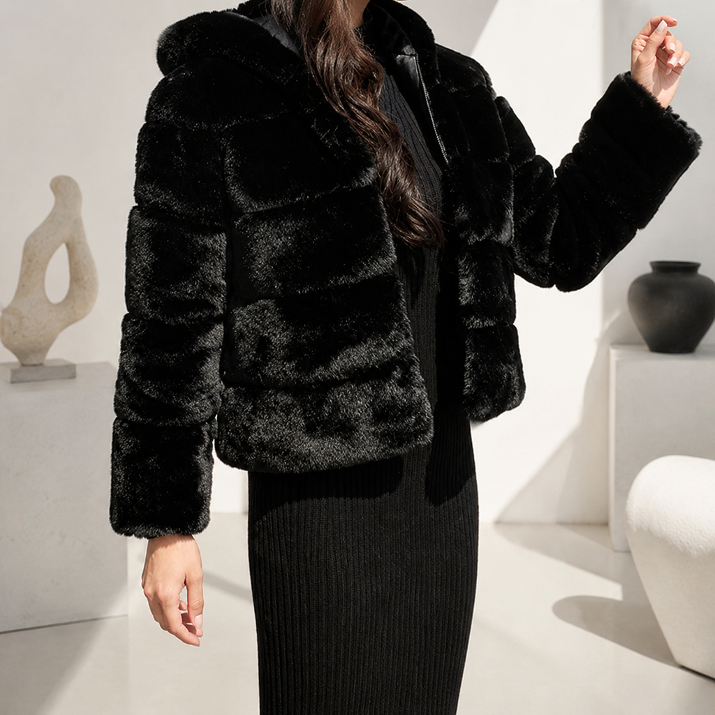 Genevieve Women’s Faux Fur Hooded Jacket – Cropped Coat