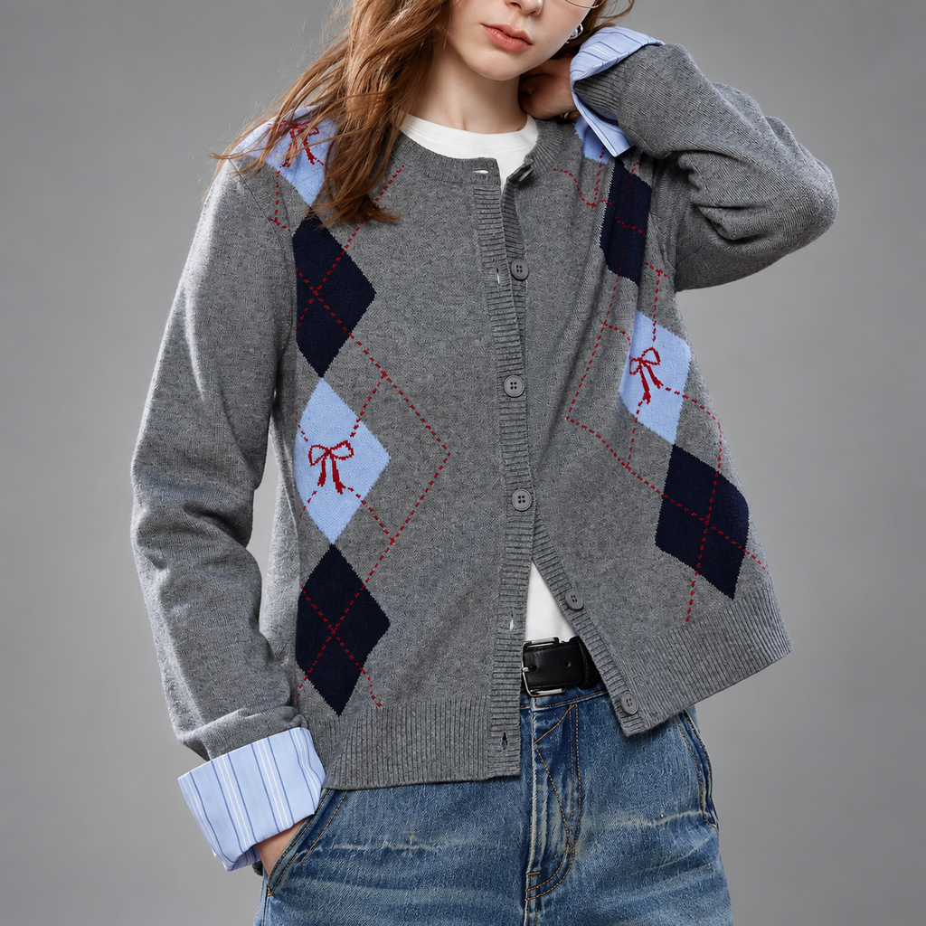 Harriet Argyle Button Front Knit Cardigan – Women’s Diamond Pattern Crew Neck Sweater