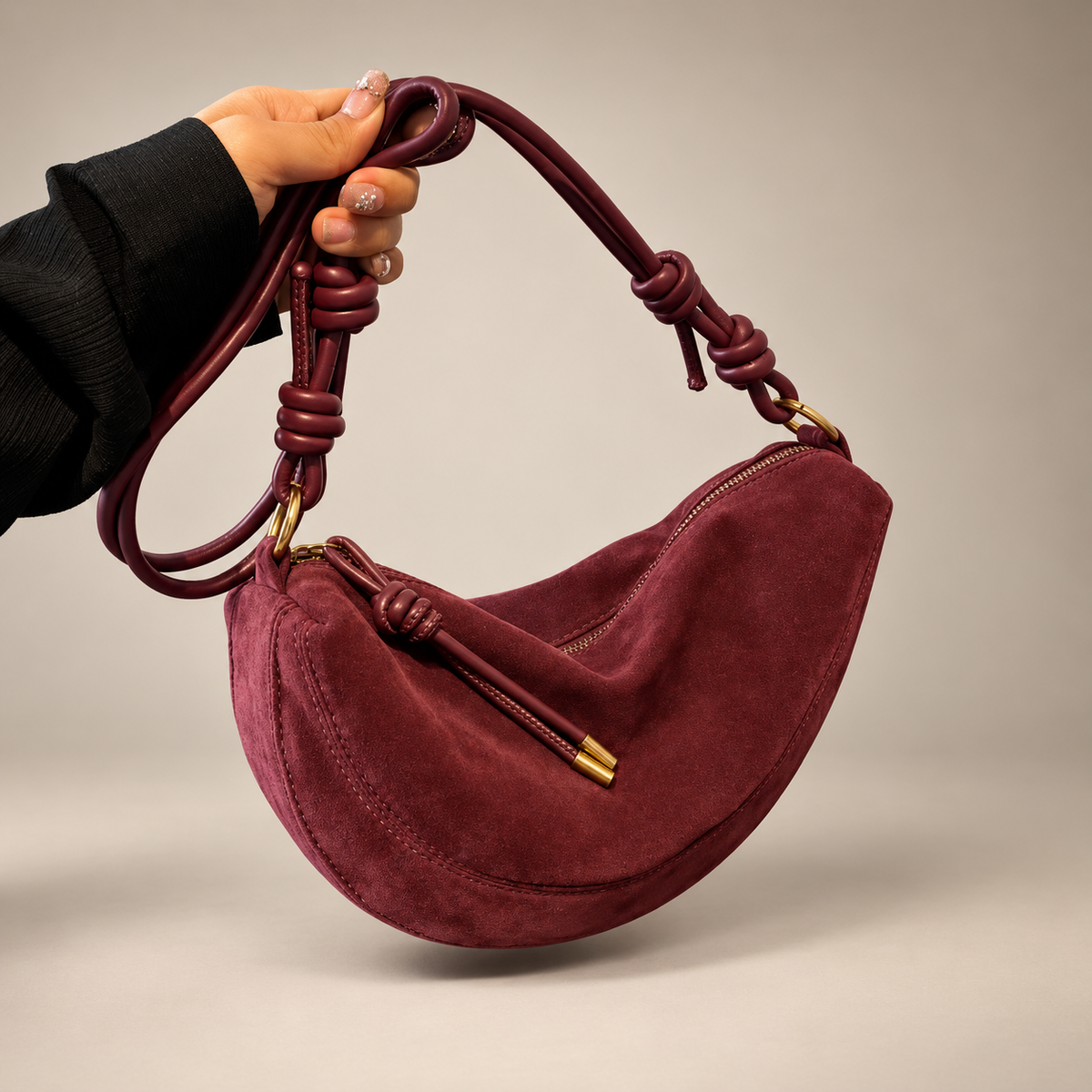 Elodie Crescent Suede-Look Crossbody Bag with Knotted Strap