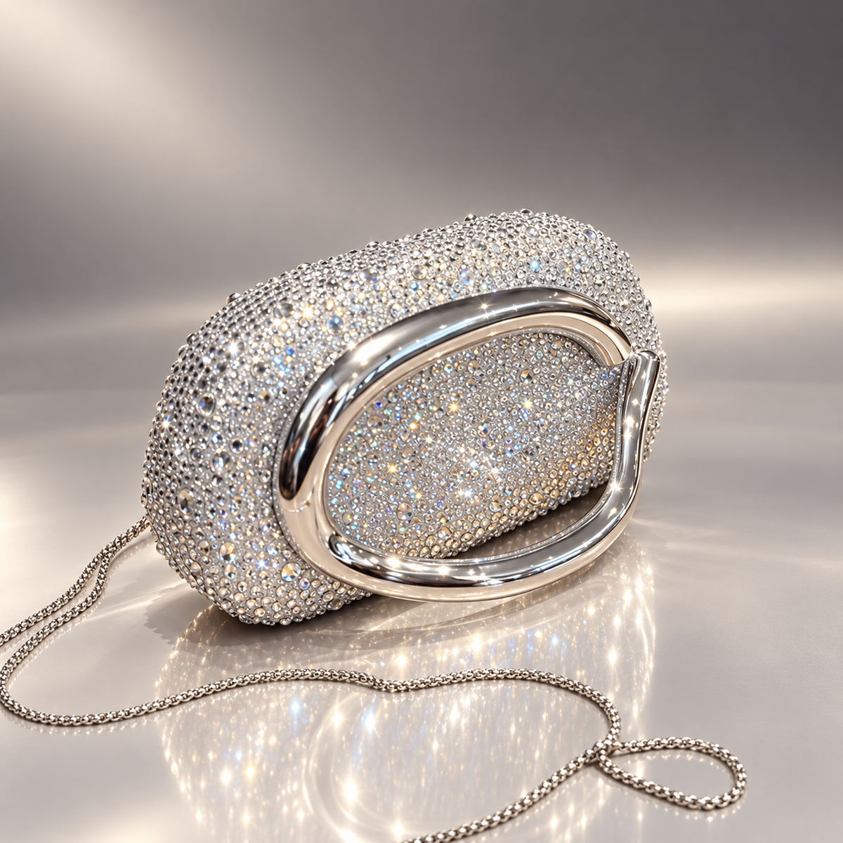 Genevieve Crystal Evening Clutch with Sculptural Metal Handle & Chain Strap