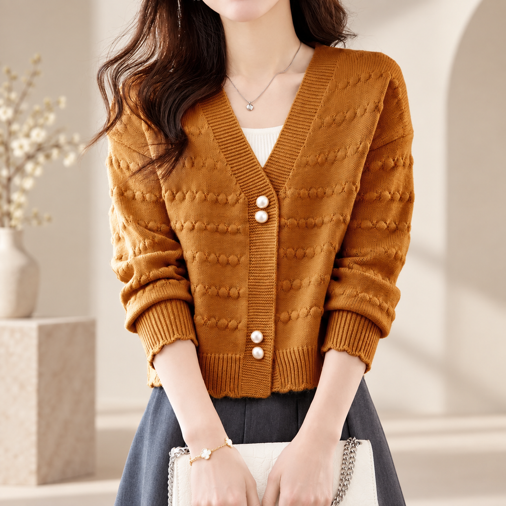 Serafina Women's Textured V-Neck Knit Cardigan with Pearl-Style Buttons