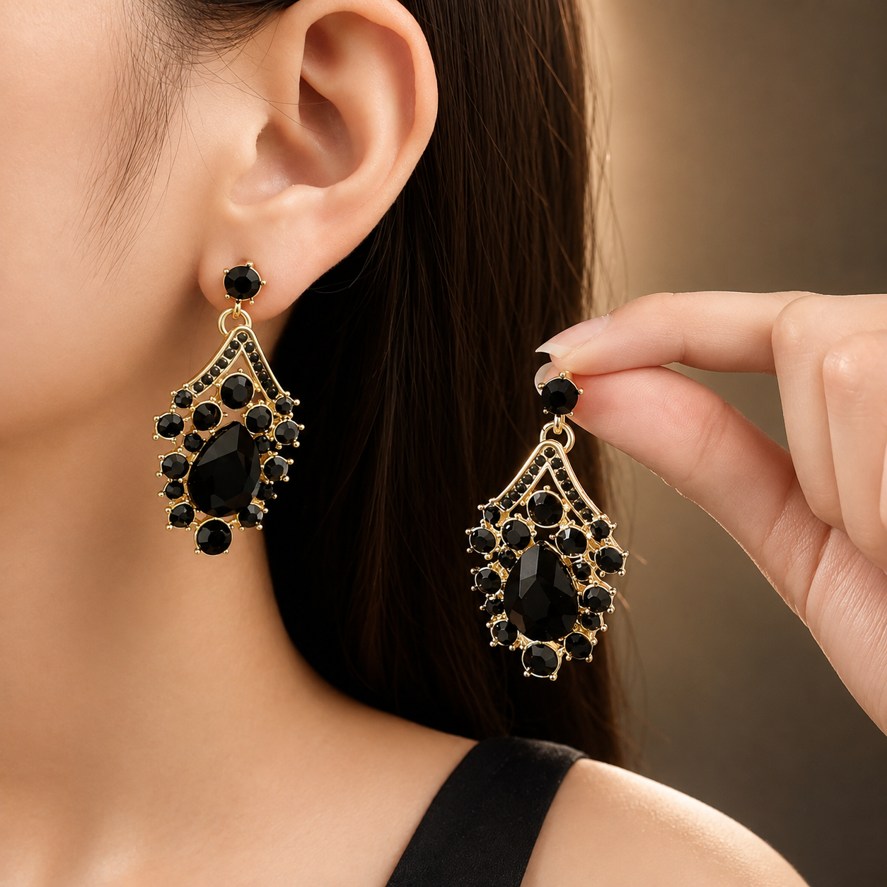 Delaney Black Crystal Statement Necklace and Earrings