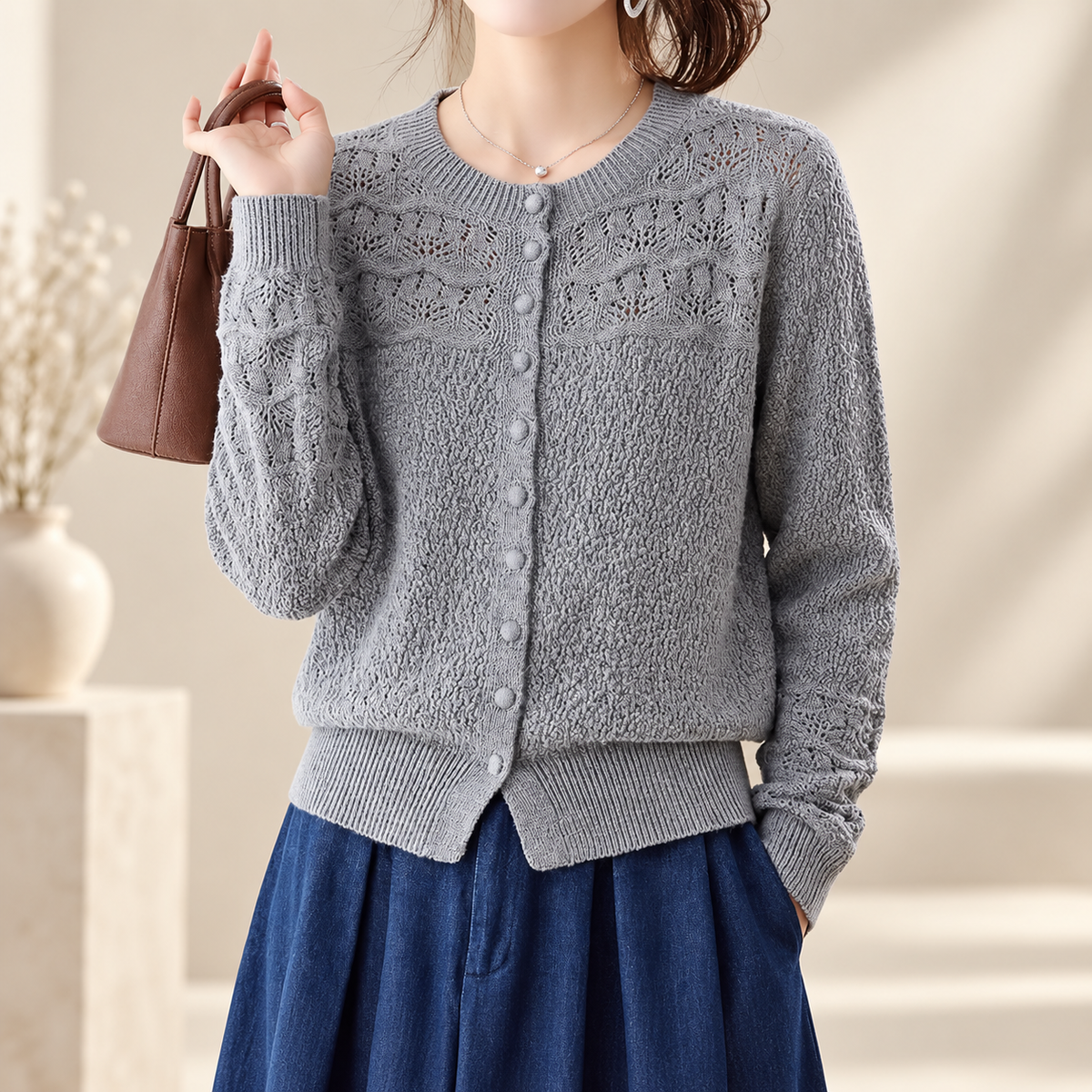 Colette Women's Textured Pointelle Knit Button-Front Cardigan
