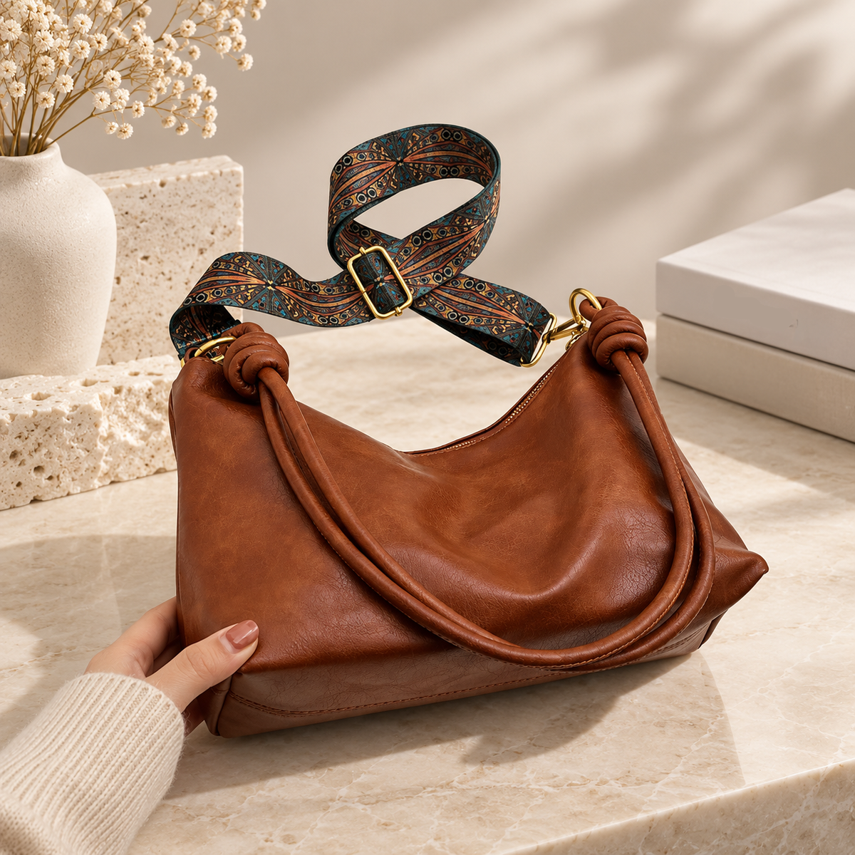 Rosalie Soft Hobo Shoulder Bag with Knotted Handles and Printed Strap