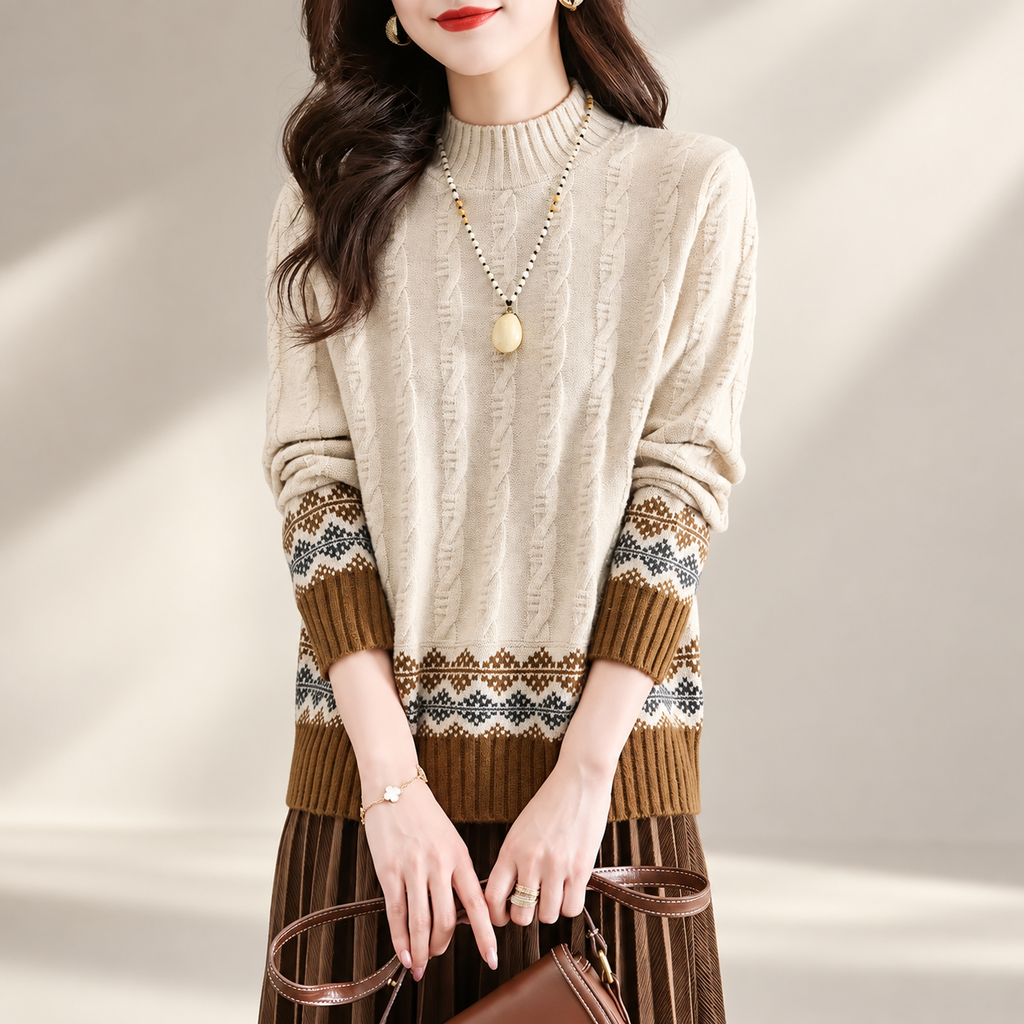 Adeline Fair Isle Cable Knit Mock Neck Sweater