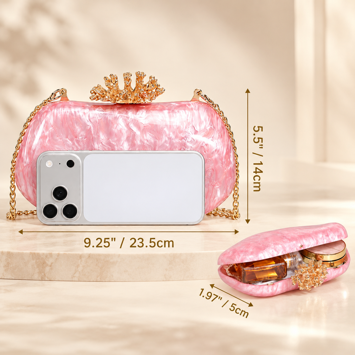 Alessia Pearl-Effect Evening Clutch with Gold Floral Clasp & Chain Strap